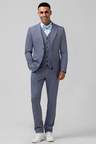 Grey Blue Notched Lapel Single Breasted Jacquard 3 Piece Prom Suits