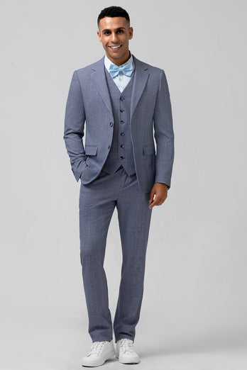 Grey Blue Notched Lapel Single Breasted Jacquard 3 Piece Prom Suits