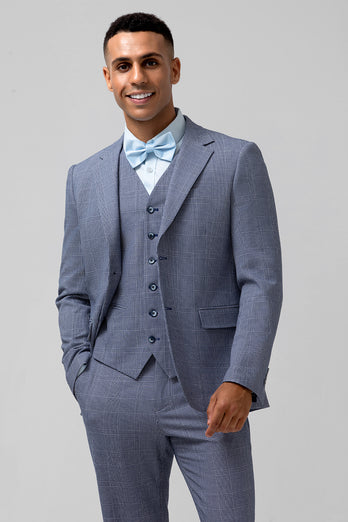 Grey Blue Notched Lapel Single Breasted Jacquard 3 Piece Prom Suits