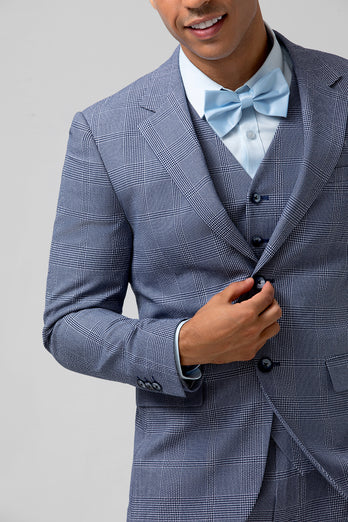 Grey Blue Notched Lapel Single Breasted Jacquard 3 Piece Prom Suits