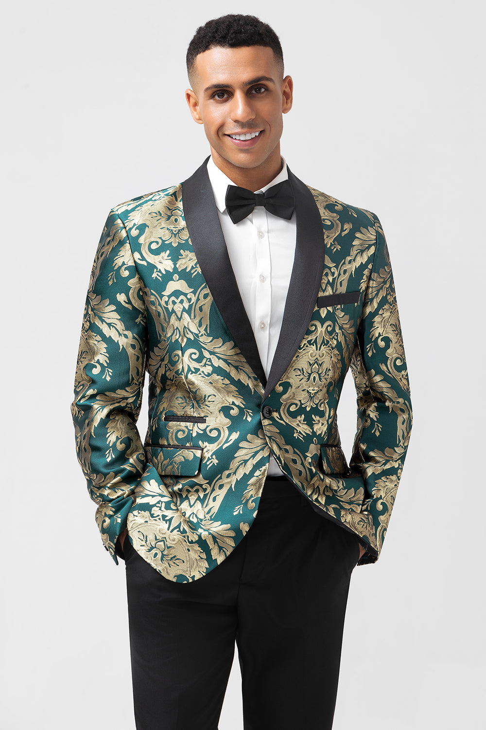 Dark Green One Button Jacquard Prom Blazer with Shawl Lapel