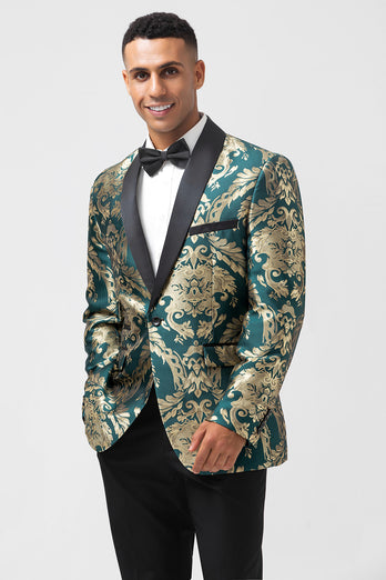 Dark Green One Button Jacquard Prom Blazer with Shawl Lapel