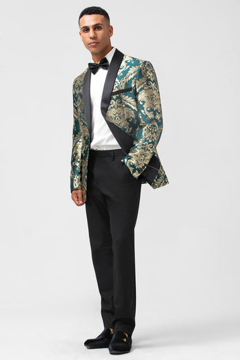 Dark Green One Button Jacquard Prom Blazer with Shawl Lapel