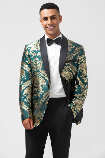 Dark Green One Button Jacquard Prom Blazer with Shawl Lapel