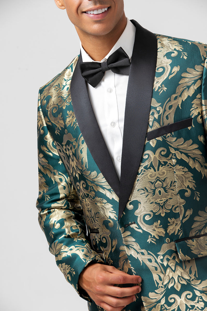 Load image into Gallery viewer, Dark Green One Button Jacquard Prom Blazer with Shawl Lapel