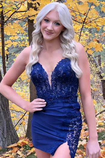 Sparkly Navy Spaghetti Straps Bodycon Homecoming Dress with Slit