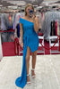 Load image into Gallery viewer, Blue One Shouder Bodycon Ruched Homecoming Dress with Draped Sash