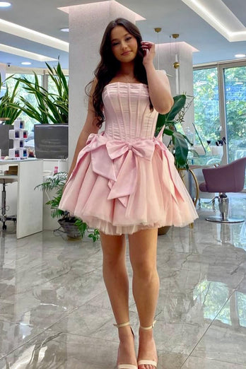 Pink A-Line Strapless Corset Short Homecoming Dress