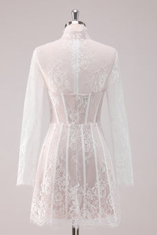 A-Line White Laced Corset Short Homecoming Dress with Long Sleeves