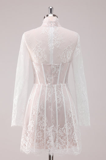 White A-Line Laced Short Homecoming Dress with Long Sleeves