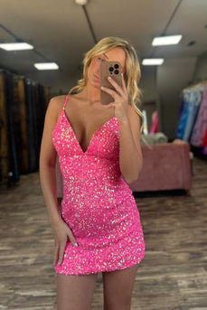 Sparkly Fuchsia Spaghetti Straps Tight Short Homecoming Dress with Sequins