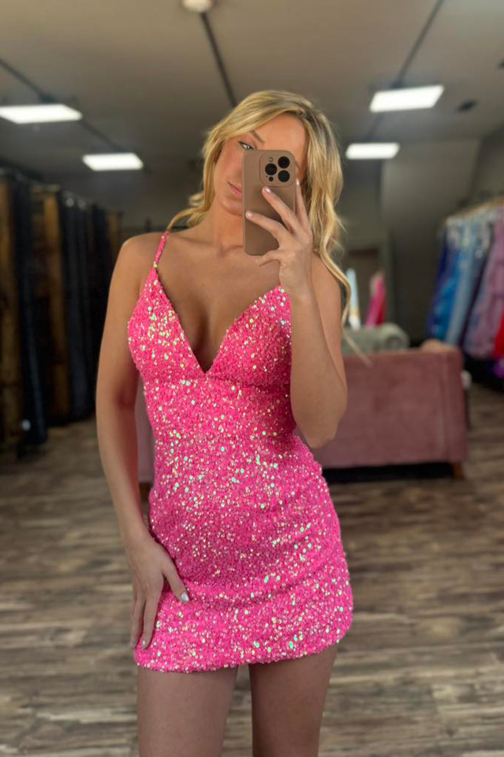 Sparkly Fuchsia Spaghetti Straps Tight Short Homecoming Dress with Sequins