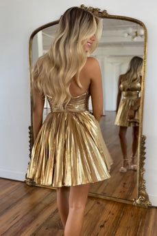 A-Line Golden Pleated Short Homecoming Dress