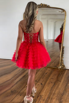 A-line Red Sweetheart Corset Short Homecoming Dress with Ruffles