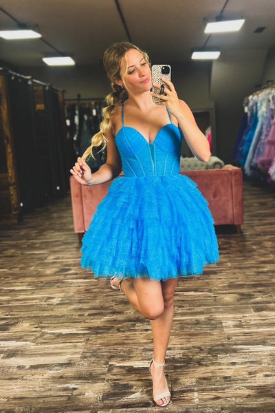 Sparkly Blue A-Line Spaghetti Straps Homecoming Dress with Ruffles