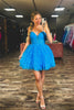 Load image into Gallery viewer, Sparkly Blue A-Line Spaghetti Straps Homecoming Dress with Ruffles