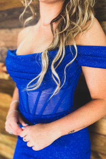 Sparkly Off The Shoulder Royal Blue Tight Corset Homecoming Dress