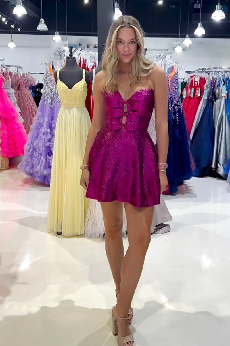 Load image into Gallery viewer, A-Line Fuchsia Strapless Tight Homecoming Dress with Bow