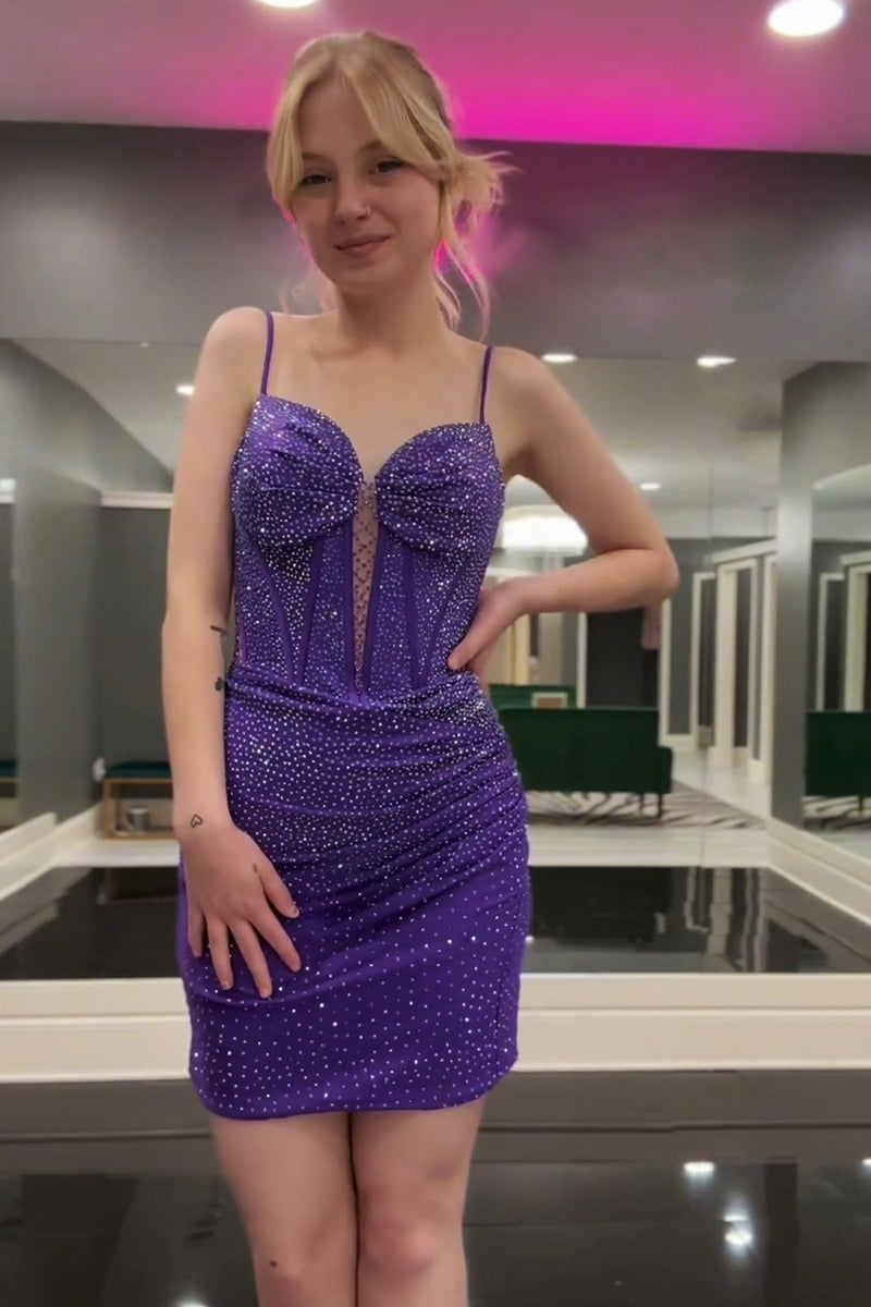 Load image into Gallery viewer, Dark Purple Spaghetti Straps Tight Homecoming Dress with Beading