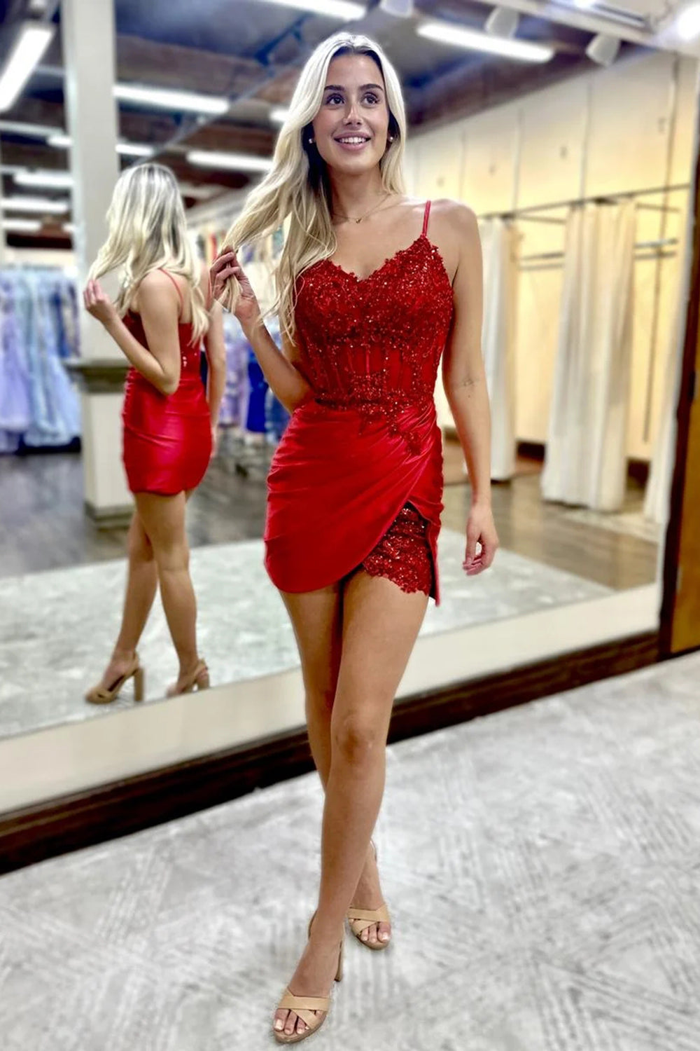 Sparkly Red Spaghetti Straps Tight Corset Homecoming Dress