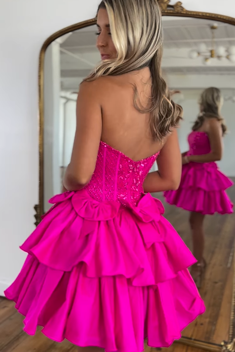 Load image into Gallery viewer, Strapless Fuchsia A-Line Corset Short Homecoming Dress with Bow