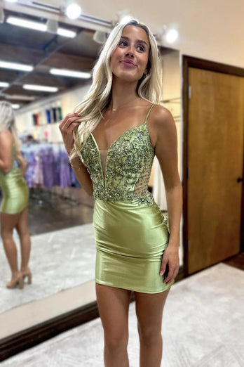 Sage Spaghetti Straps Tight Short Homecoming Dress with Appliques