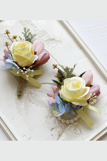 Red Prom Wrist Corsage and Men‘s Boutonniere For Wedding