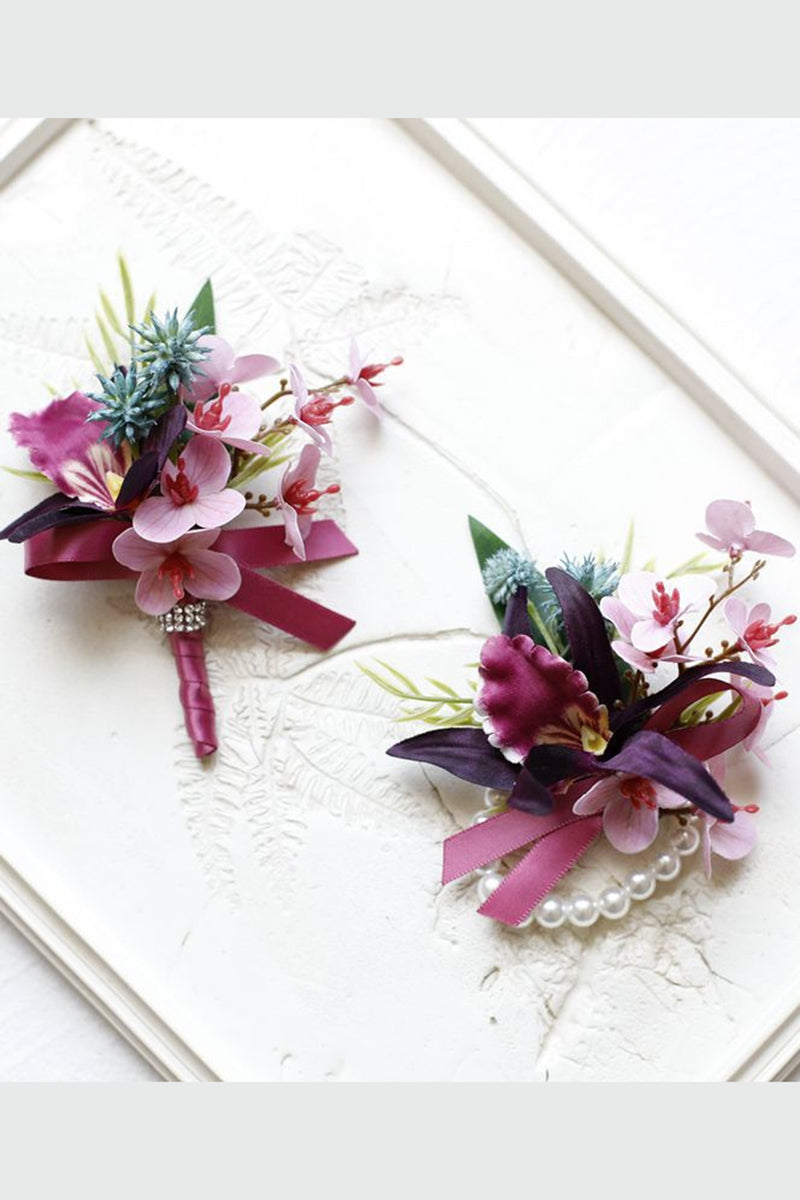 Load image into Gallery viewer, Lilac Prom Wrist Corsage and Men‘s Boutonniere with Pearls