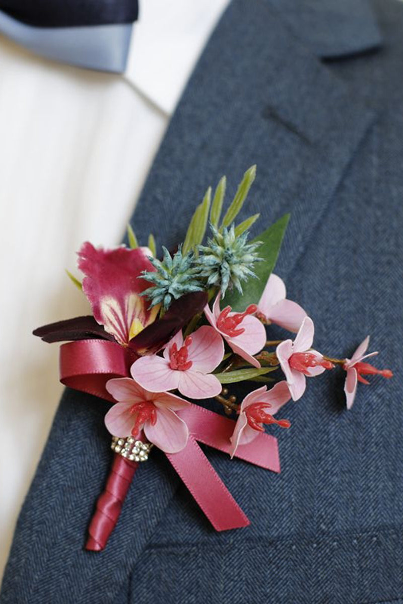 Load image into Gallery viewer, Burgundy Prom Wrist Corsage and Men‘s Boutonniere with Pearls