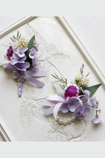 Lilac Prom Wrist Corsage and Men‘s Boutonniere with Pearls