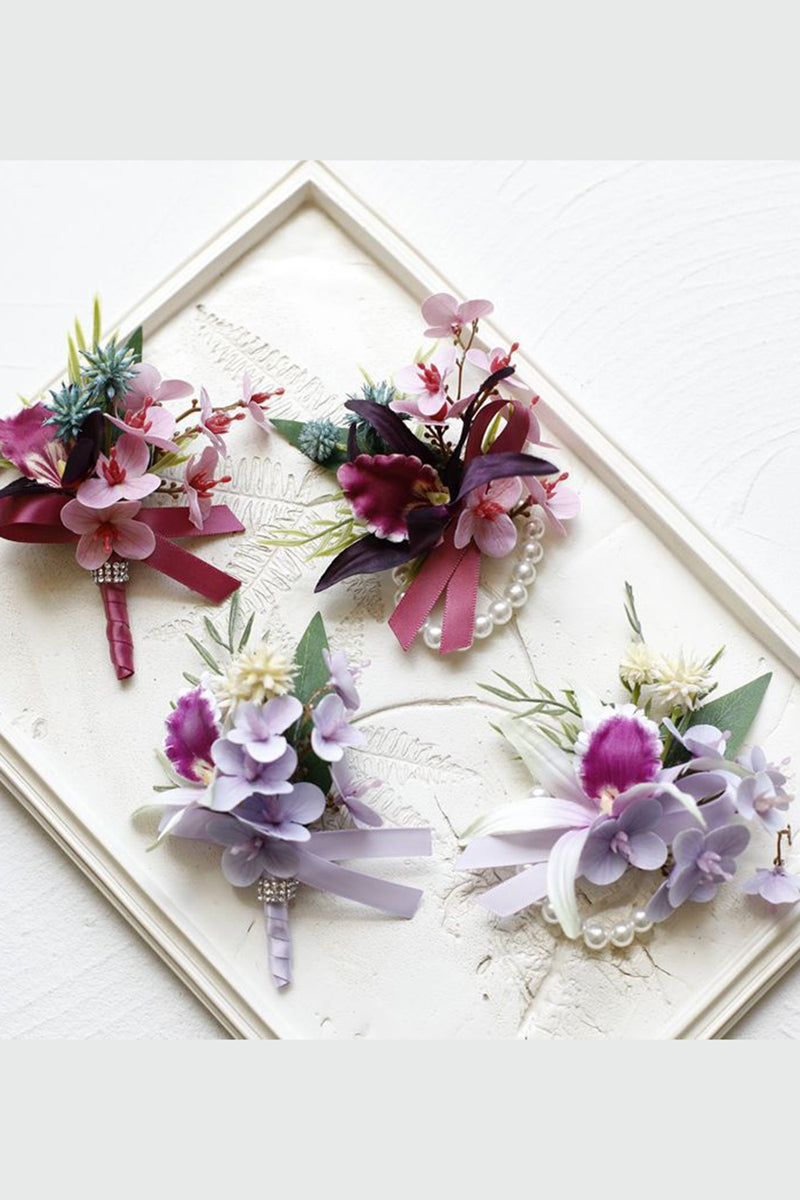 Load image into Gallery viewer, Lilac Prom Wrist Corsage and Men‘s Boutonniere with Pearls