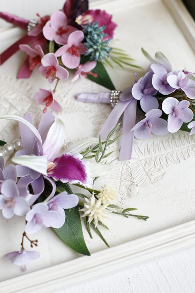 Load image into Gallery viewer, Lilac Prom Wrist Corsage and Men‘s Boutonniere with Pearls