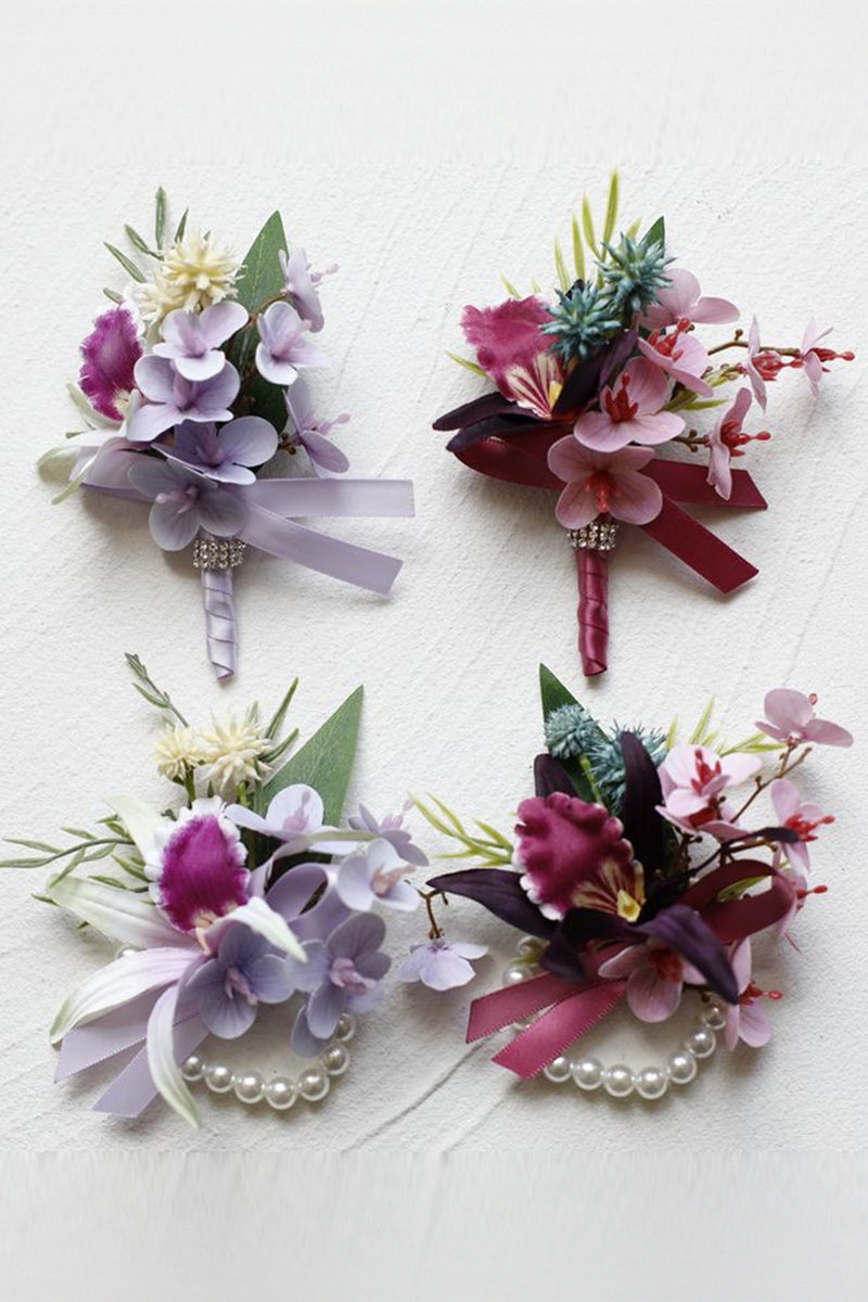 Load image into Gallery viewer, Lilac Prom Wrist Corsage and Men‘s Boutonniere with Pearls