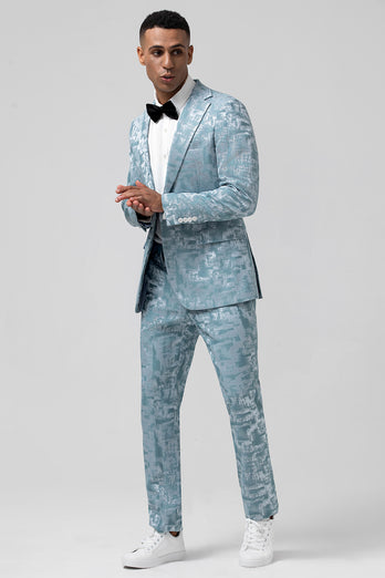 Light Blue Notched Lapel 2 Piece Jacquard Prom Suits