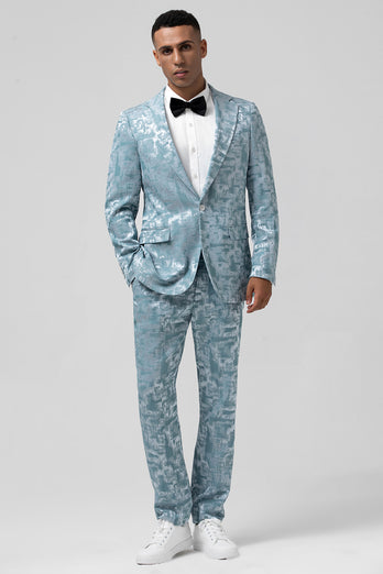 Light Blue Notched Lapel 2 Piece Jacquard Prom Suits