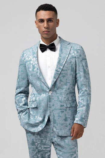 Light Blue Notched Lapel 2 Piece Jacquard Prom Suits