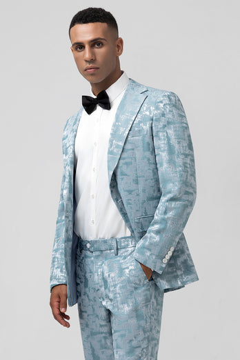 Light Blue Notched Lapel 2 Piece Jacquard Prom Suits