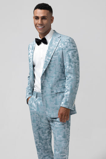 Light Blue Notched Lapel 2 Piece Jacquard Prom Suits