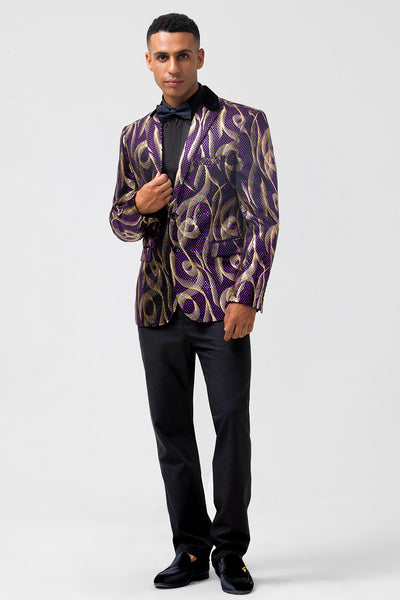 Purple Peak Lapel Jacquard Single Breasted Prom Blazer