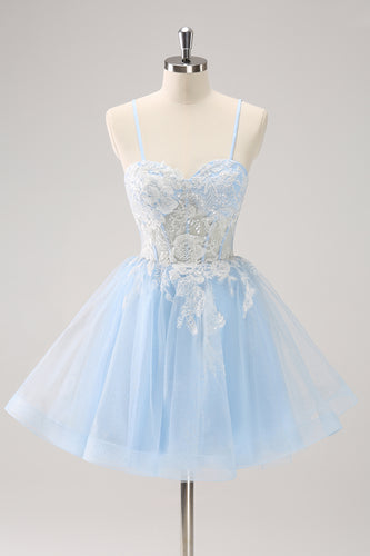 Blue A-Line Spaghetti Straps Tulle Short Homecoming Dress