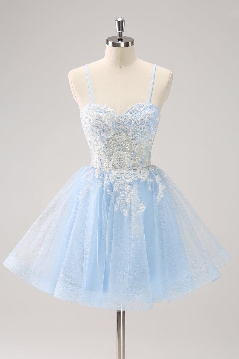 Load image into Gallery viewer, Blue A-Line Spaghetti Straps Tulle Short Homecoming Dress