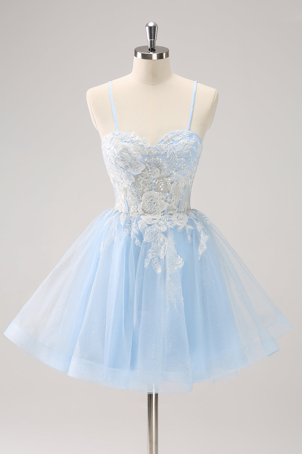 Blue A-Line Spaghetti Straps Tulle Short Homecoming Dress