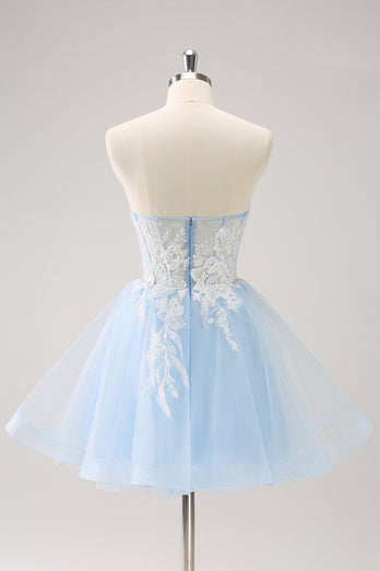 Blue A-Line Spaghetti Straps Tulle Short Homecoming Dress