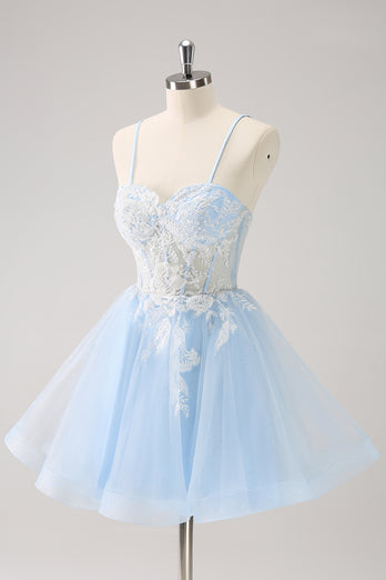 Blue A-Line Spaghetti Straps Tulle Short Homecoming Dress