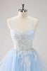 Load image into Gallery viewer, Blue A-Line Spaghetti Straps Tulle Short Homecoming Dress