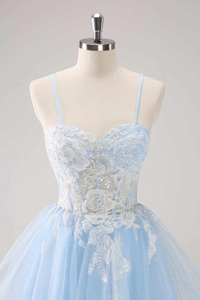 Load image into Gallery viewer, Blue A-Line Spaghetti Straps Tulle Short Homecoming Dress