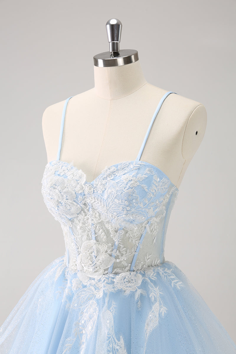 Load image into Gallery viewer, Blue A-Line Spaghetti Straps Tulle Short Homecoming Dress