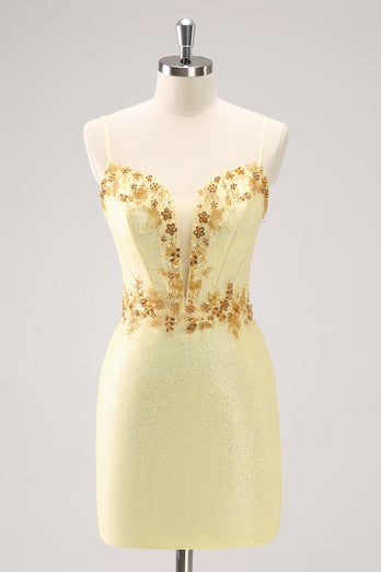 Sparkly Yellow Spaghetti Straps Tight Homecoming Dress with Sequins