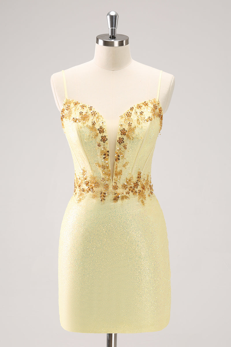 Load image into Gallery viewer, Sparkly Yellow Spaghetti Straps Tight Homecoming Dress with Sequins