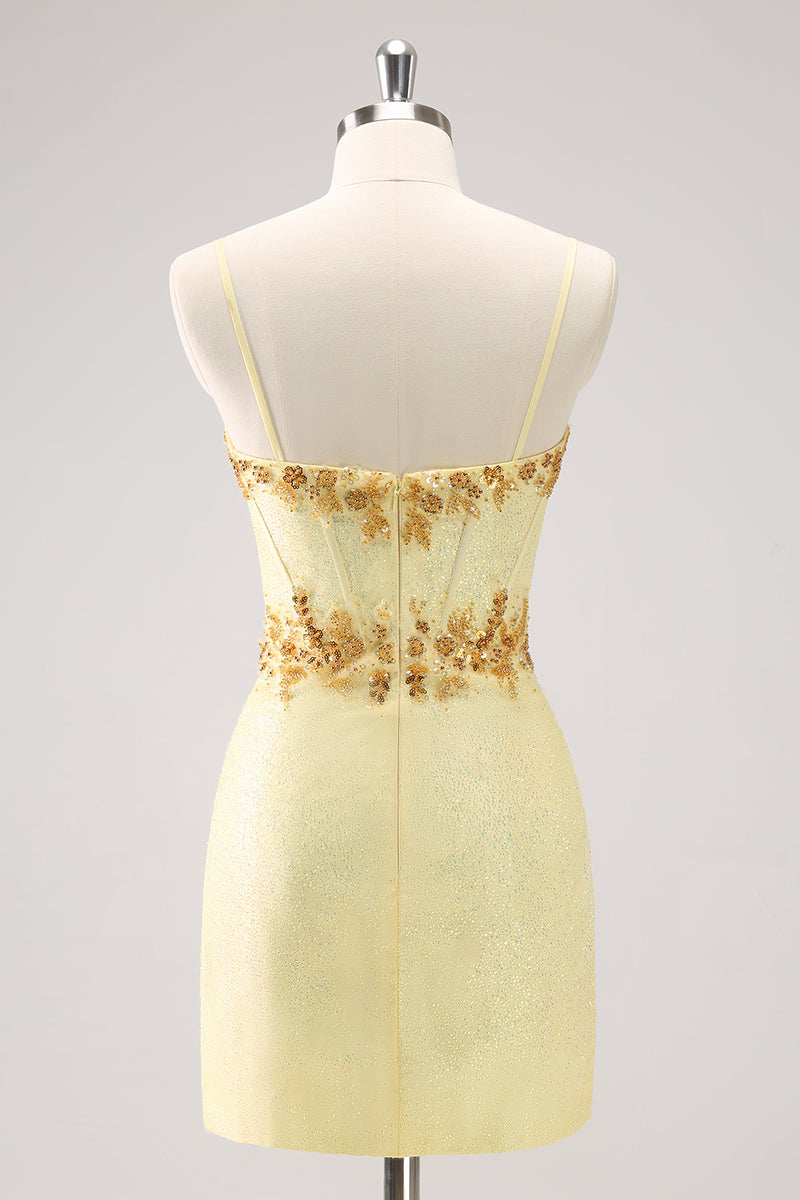 Load image into Gallery viewer, Sparkly Yellow Spaghetti Straps Tight Homecoming Dress with Sequins